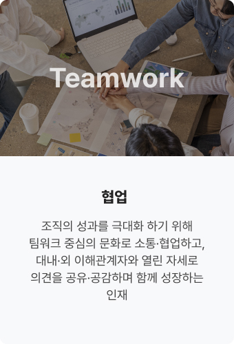 Teamwork 협업. 조직의 성과를 극대화 
                            하기 위해 팀워크 중심의 
                            문화로 소통·협업하고, 
                            대내·외 이해관계자와
                            열린 자세로 의견을 
                            공유·공감하며 함께
                            성장하는 인재